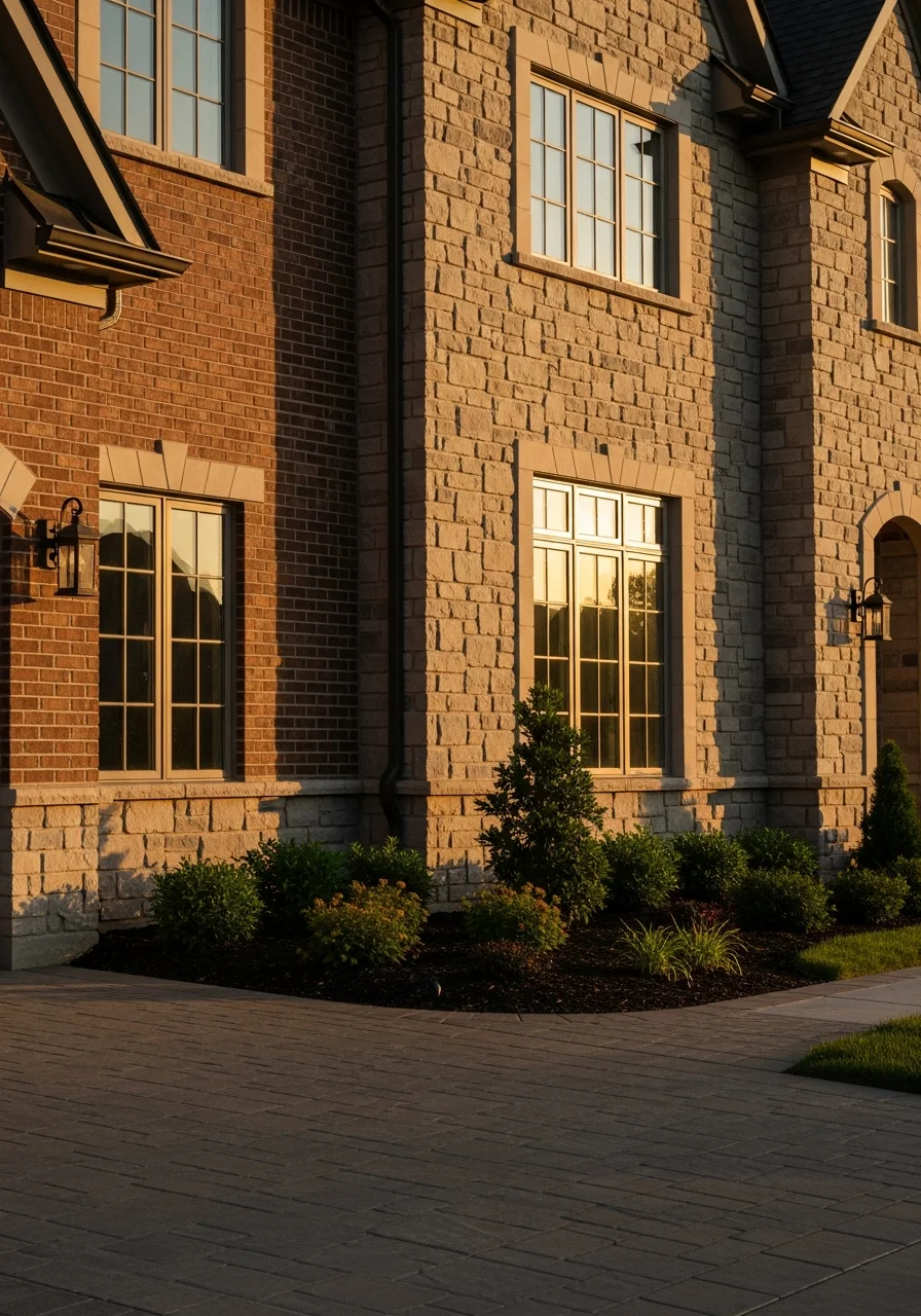 Detailed view of high-end home exterior with stone and brick finishes.