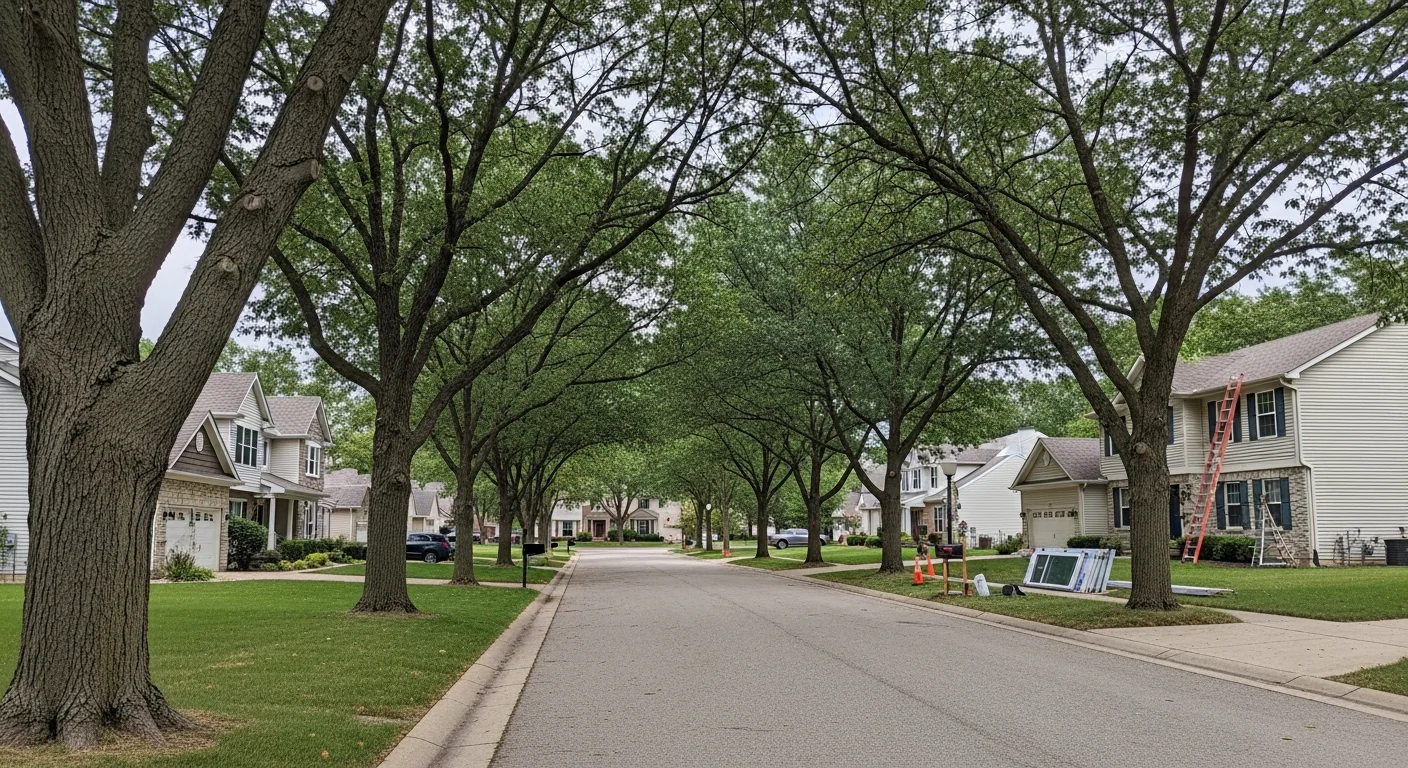 Residential street in O'Fallon with newer homes and mature trees lining the sidewalk.