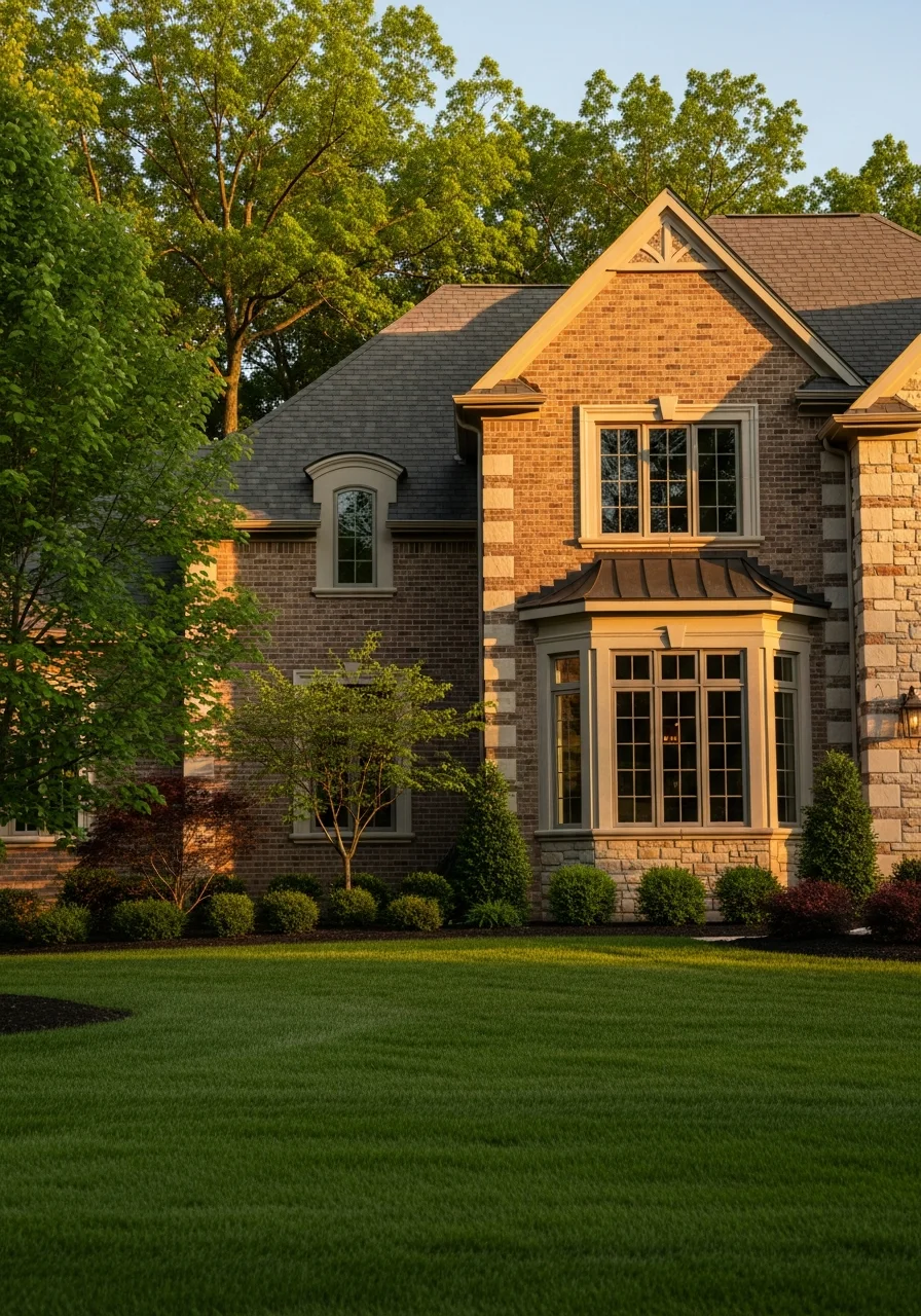 Luxury home exterior in Wildwood set among trees and landscaping.