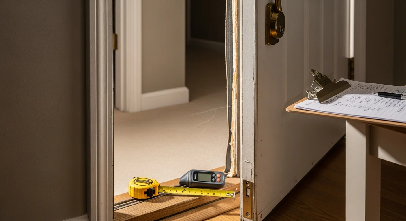A Keller Window & Door LLC consultant reviewing an exterior entry door frame at an O'Fallon residential home. The consultant is taking measurements and noting seal and fit conditions on the existing door.