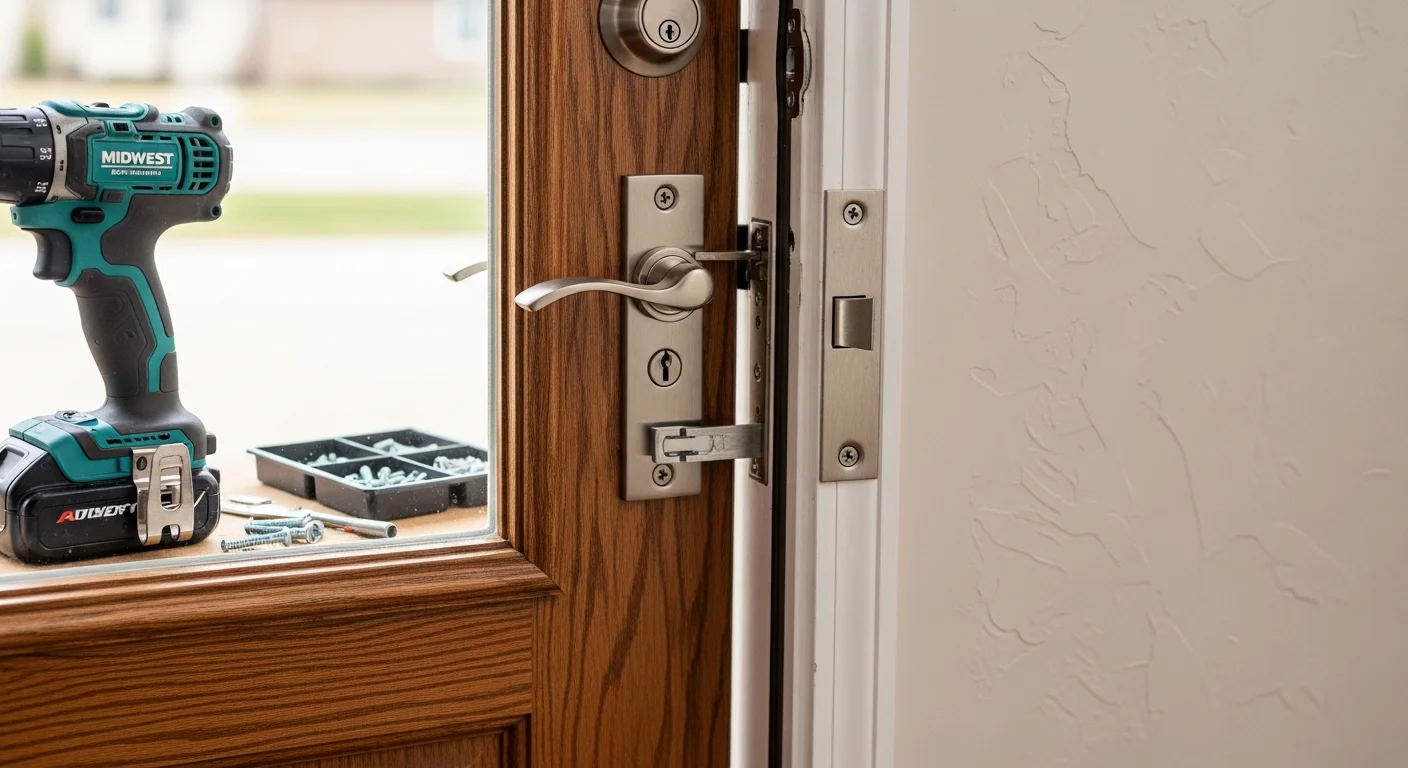 A technician adjusting a door hinge and strike plate on a residential entry door in O'Fallon. Close-up view shows hardware components being aligned during a door hardware repair service call.