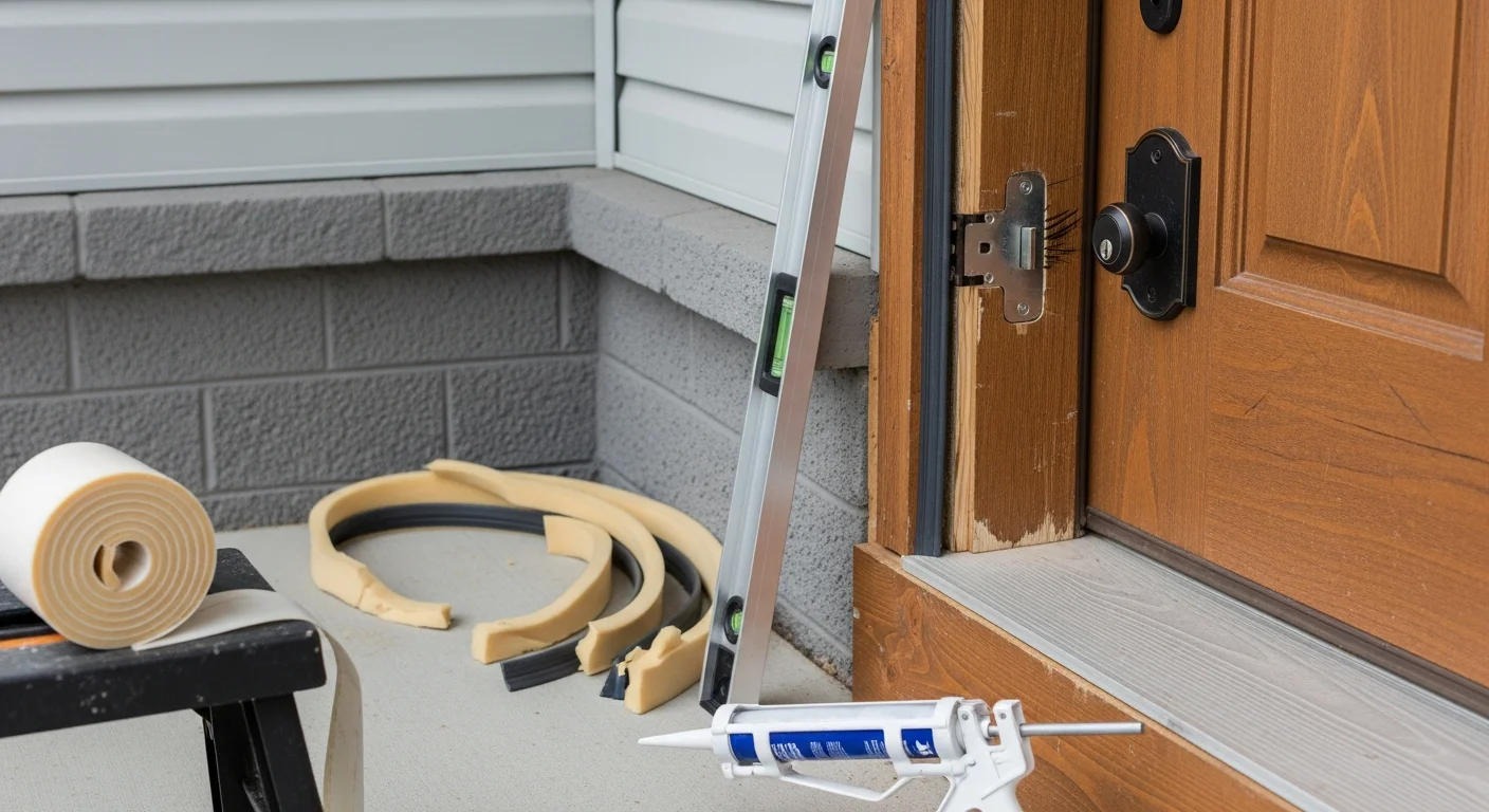 A repaired exterior entry door on an O'Fallon residential home, showing a flush-closing door with new weatherstripping along the frame. Close-up view of the door threshold and sealed gap at the base after a professional door repair service.