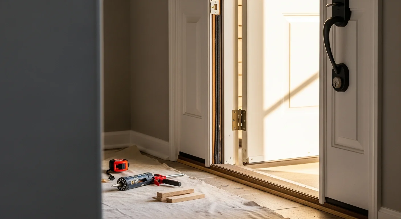 A newly installed exterior entry door on a single-family home in O'Fallon, showing a clean frame, tight weatherstripping, and updated hardware. The door is photographed from the front of the home, with the surrounding trim freshly fitted by Keller Window & Door LLC.