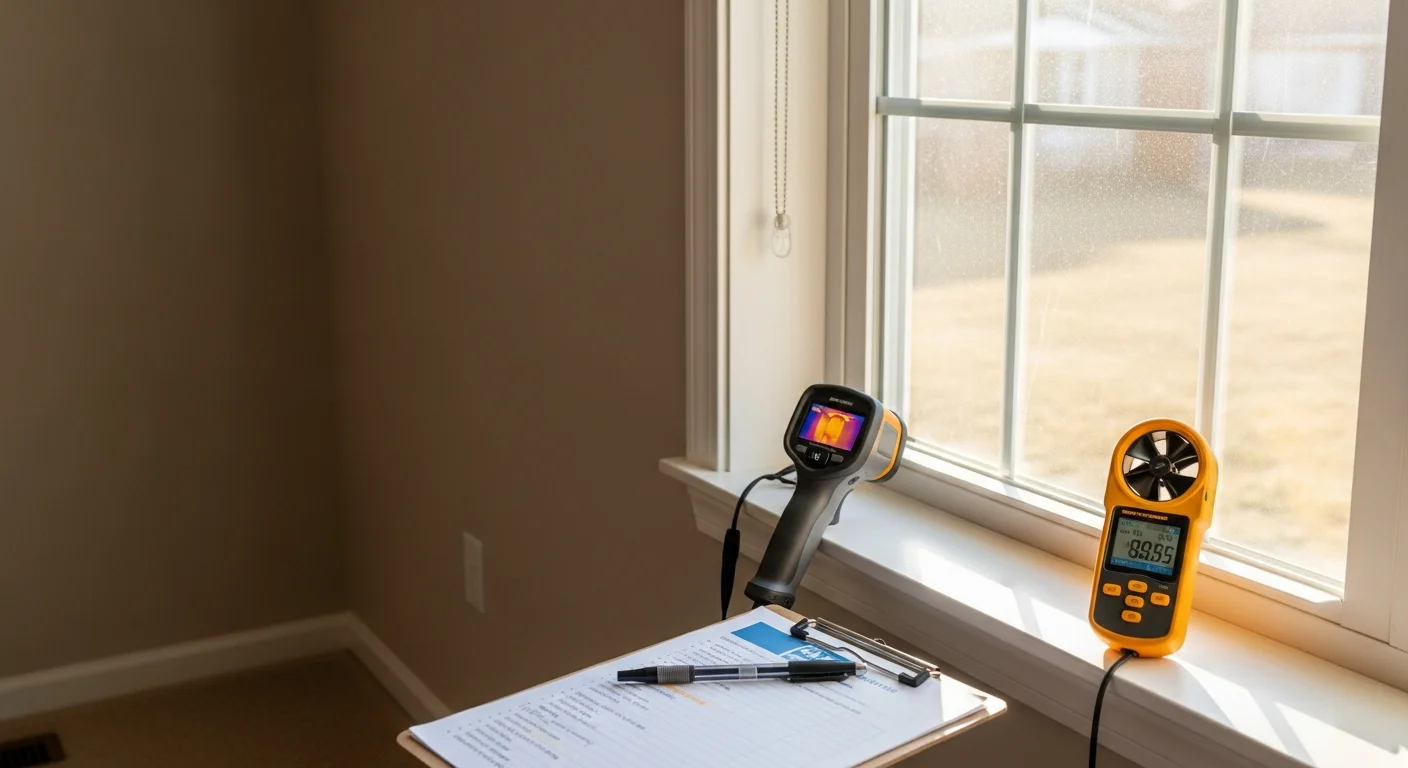 A Keller Window & Door LLC consultant inspecting a window frame for air leaks and seal wear in an O'Fallon, Missouri home. Close-up view showing weatherstripping condition and frame assessment during an energy efficiency consultation.