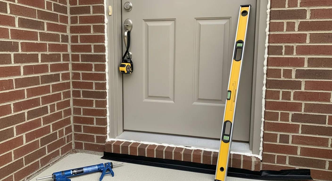 A newly installed exterior front door on a single-family home in O'Fallon, Missouri, with a clean frame, tight weatherstripping, and a finished threshold visible at the base. A Keller Window & Door LLC installer checks the door swing alignment from the exterior.