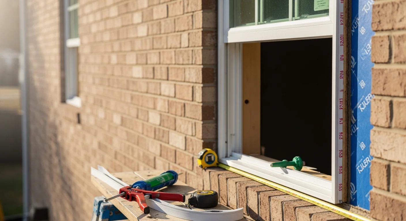 A two-story O'Fallon, Missouri home with newly installed replacement windows across all front-facing openings, showing clean white frames and uniform glass against a brick exterior. Close-up detail of a finished window sill and sealed frame on a 1990s-era suburban home.