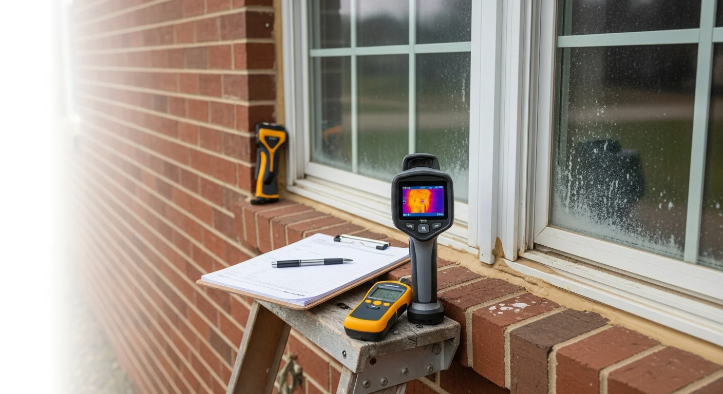 A Keller Window & Door LLC technician inspecting a residential window frame and seal on a single-family home in O'Fallon. The technician examines the sill and glazing for signs of moisture damage and air infiltration.