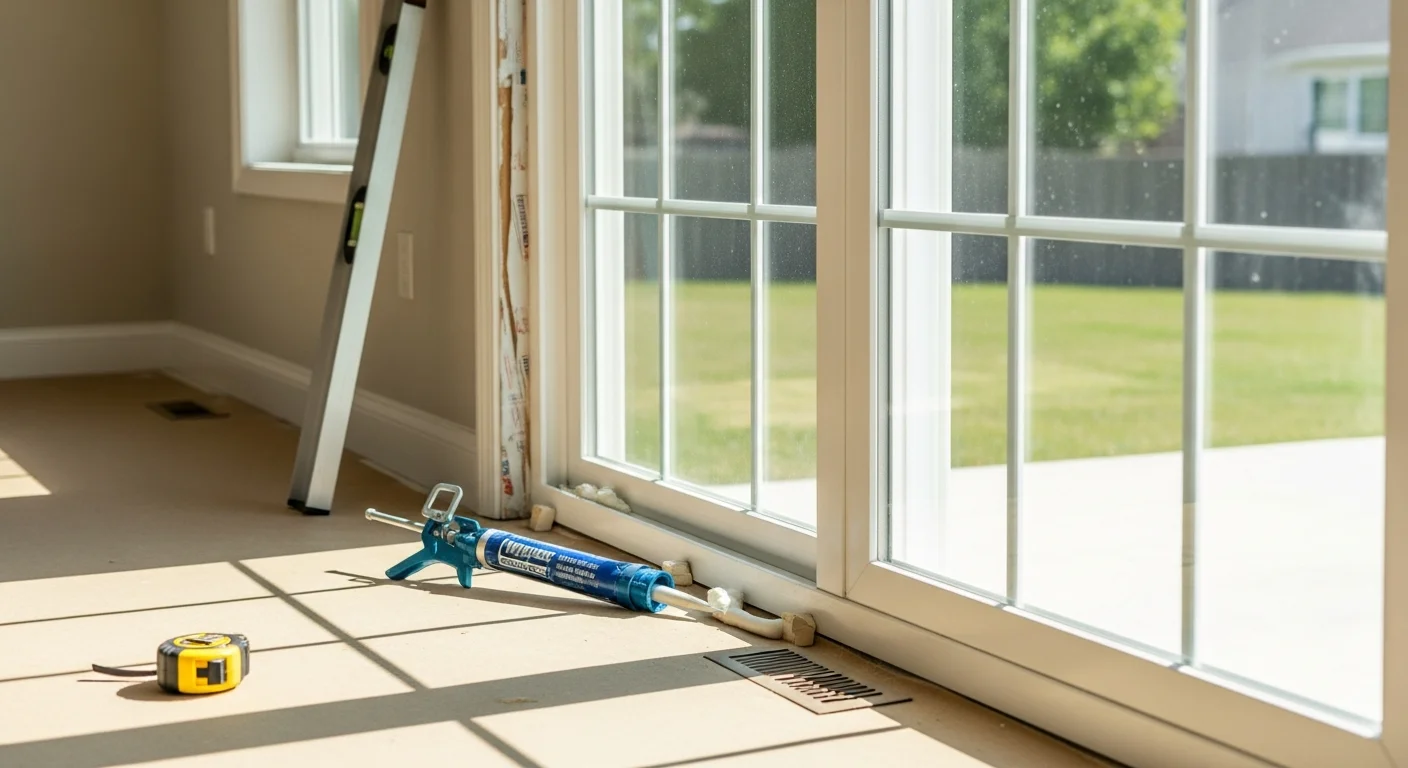 A newly installed sliding glass patio door on the rear of an O'Fallon residential home, showing a clean frame fit and clear view to a backyard patio. The door hardware and threshold are fully finished with no visible gaps at the frame edges.