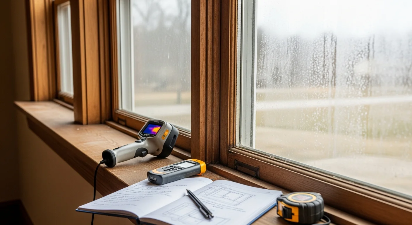 A Keller Window & Door LLC consultant reviewing window frames and measurements inside an O'Fallon home during a scheduled window consultation visit. The consultant examines a double-hung window for seal integrity and frame condition.