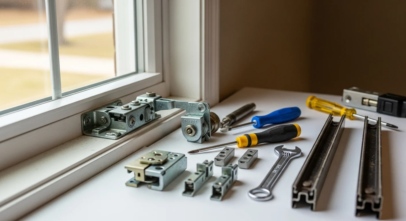 A close-up of a repaired casement window crank operator and latch on a residential window in O'Fallon, Missouri, with the sash fully closed and locked. The hardware is clean and properly aligned against a painted wood frame.