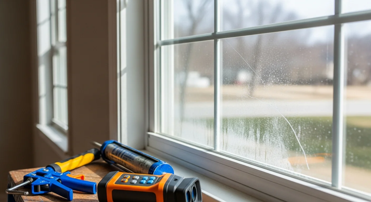 A double-pane window on an O'Fallon home showing foggy, moisture-clouded glass between the panes before seal repair. A technician from Keller Window & Door LLC inspects the window frame and glass unit from inside the home.
