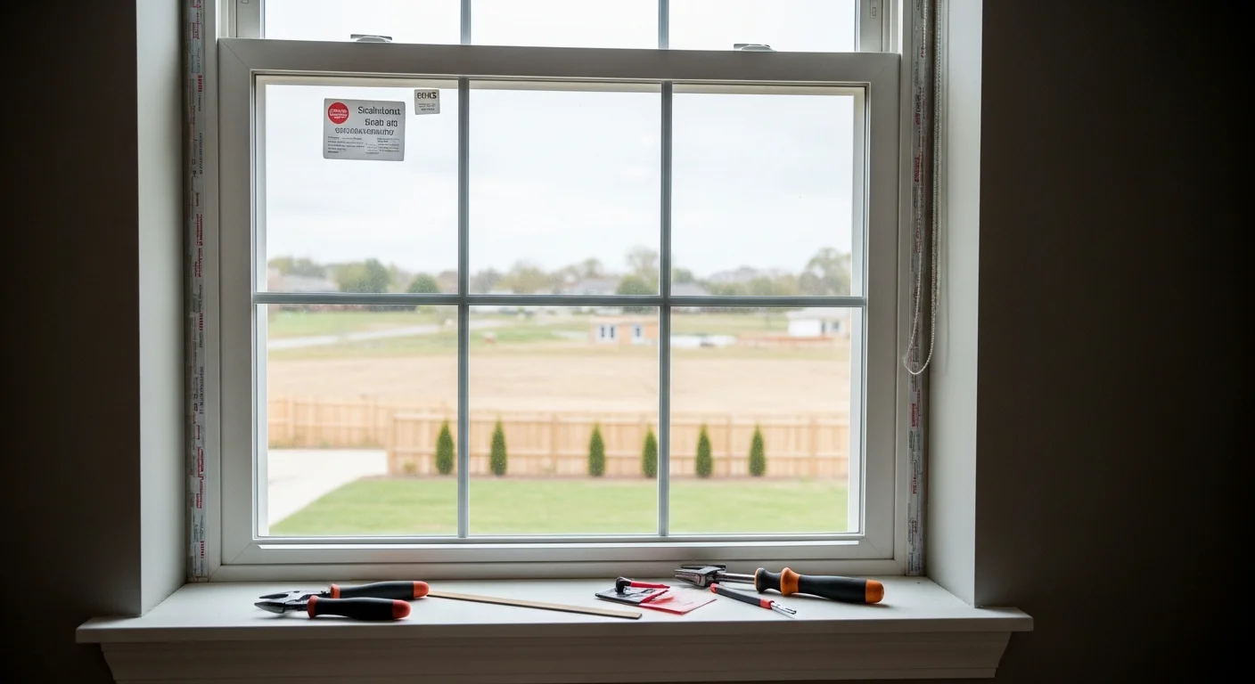 A newly installed replacement window on the exterior of a residential home in O'Fallon, showing clean frame lines, tight weathersealing, and updated hardware. Interior view reflects clear, unfogged glass with no visible gaps at the frame edge.